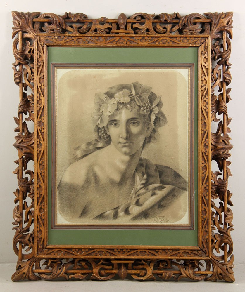 19th C. Italian, Bacchant, Drawing: 19th century Italian drawing of a bacchant, charcoal on paper, signed and dated 1852 lower right, in period frame. Provenance: From a California estate.