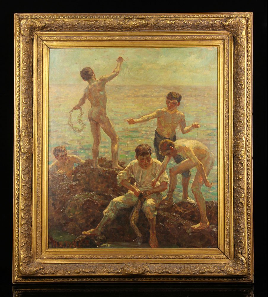 After Tuke, Young Boys Fishing, Oil on Canvas: After Henry Scott Tuke, young boys fishing and swimming, oil on canvas mounted on board, signed lower left, 24" h x 20" w (view), 32" h x 27" w (frame). Provenance: From a California estate.