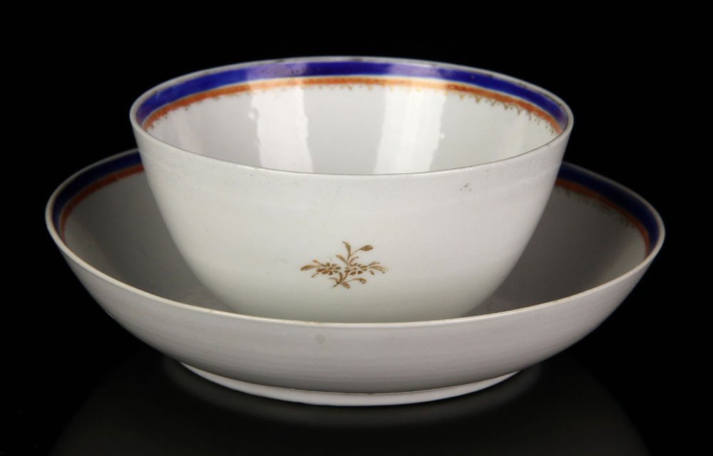 Chinese Export Masonic Bowl and Saucer: 18th/19th century Chinese export Masonic bowl and saucer, bowl 2 3/8" h x 4 1/4" dia, saucer 6" dia. Provenance: From a California estate.