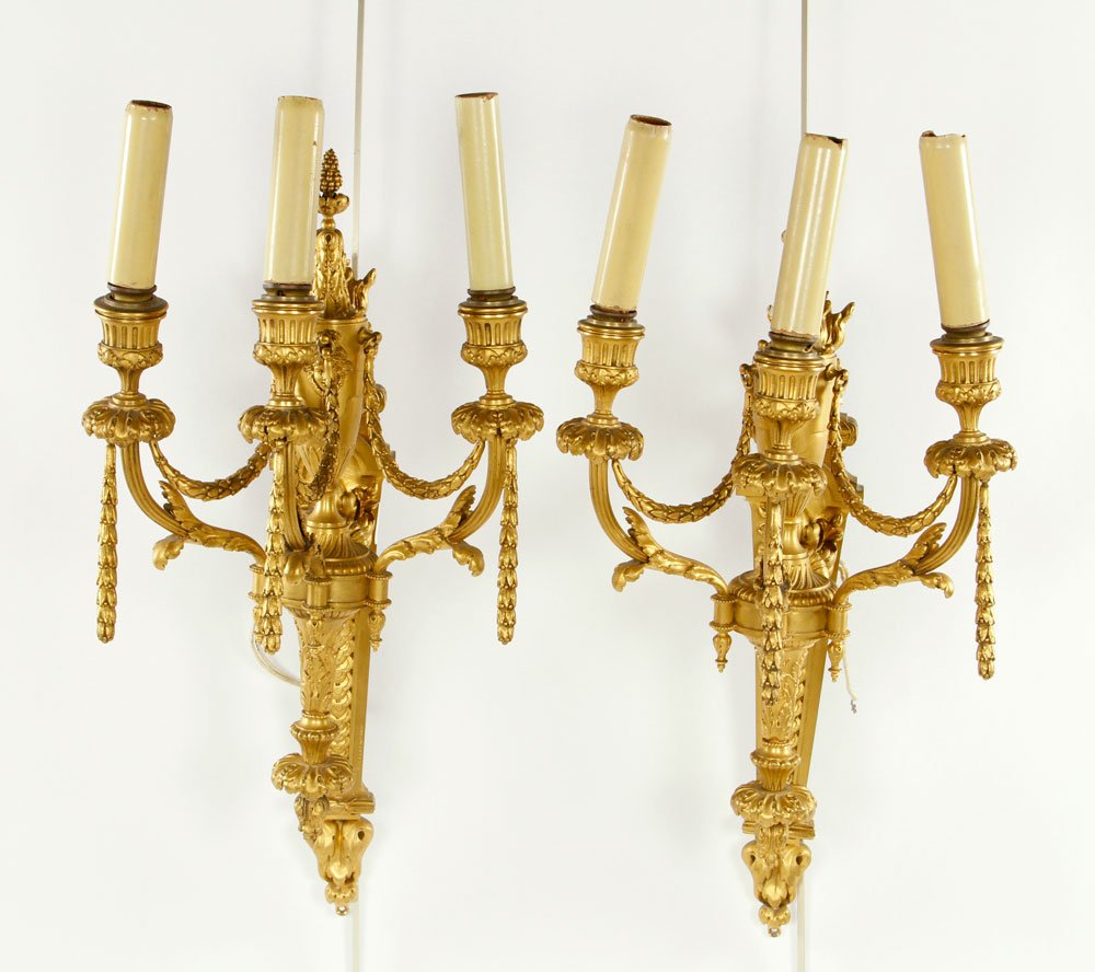 Pr. F. Barbedienne Ormolu Wall Sconces: Pair of F. Barbedienne wall sconces, ormolu, 20" h x 9 1/2" w x 10" d. Provenance: From a Palm Beach, FL estate.