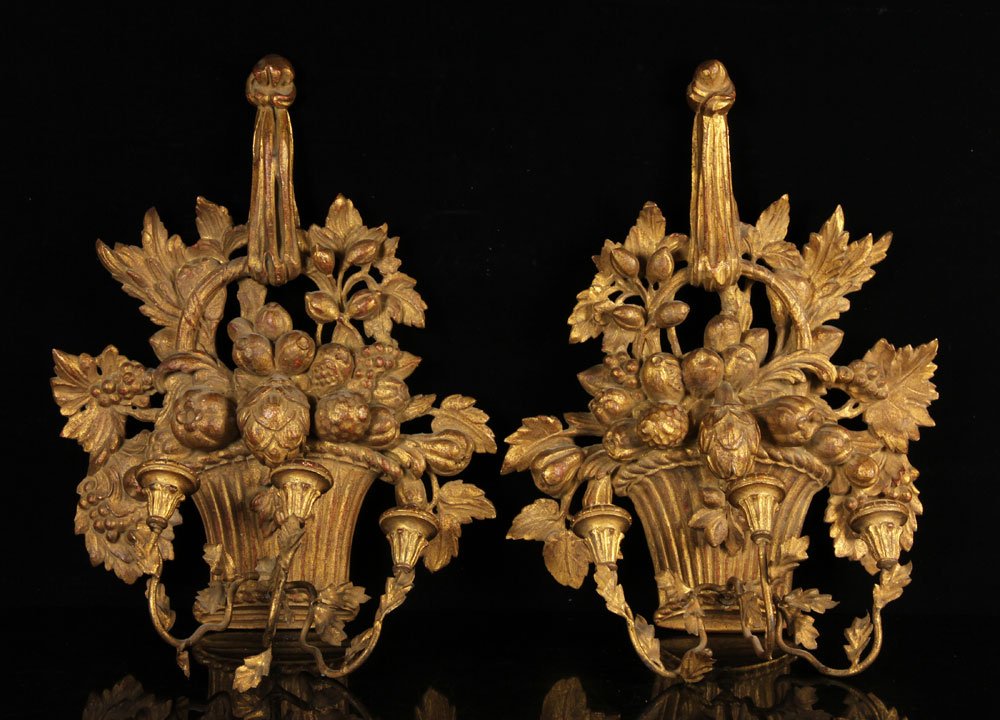 Pr. Italian Gilt Wood Sconces: Pair of Italian sconces, gilt wood, 28" h x 18" w.