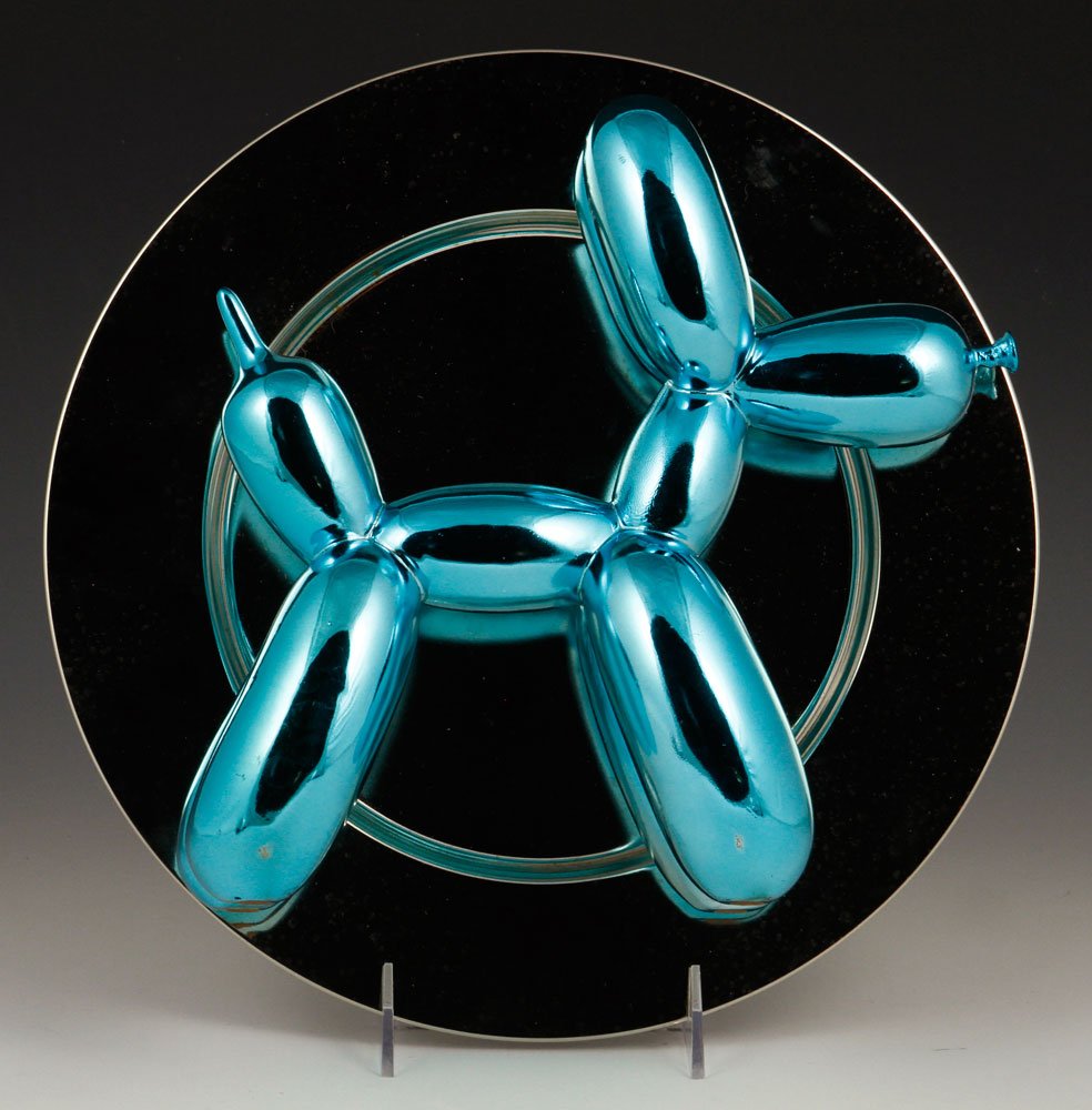 After Koons, Blue Balloon Dog Figure: After Jeff Koons, blue balloon dog figure, with chrome back, 12" dia. Provenance: From a Massachusetts estate.