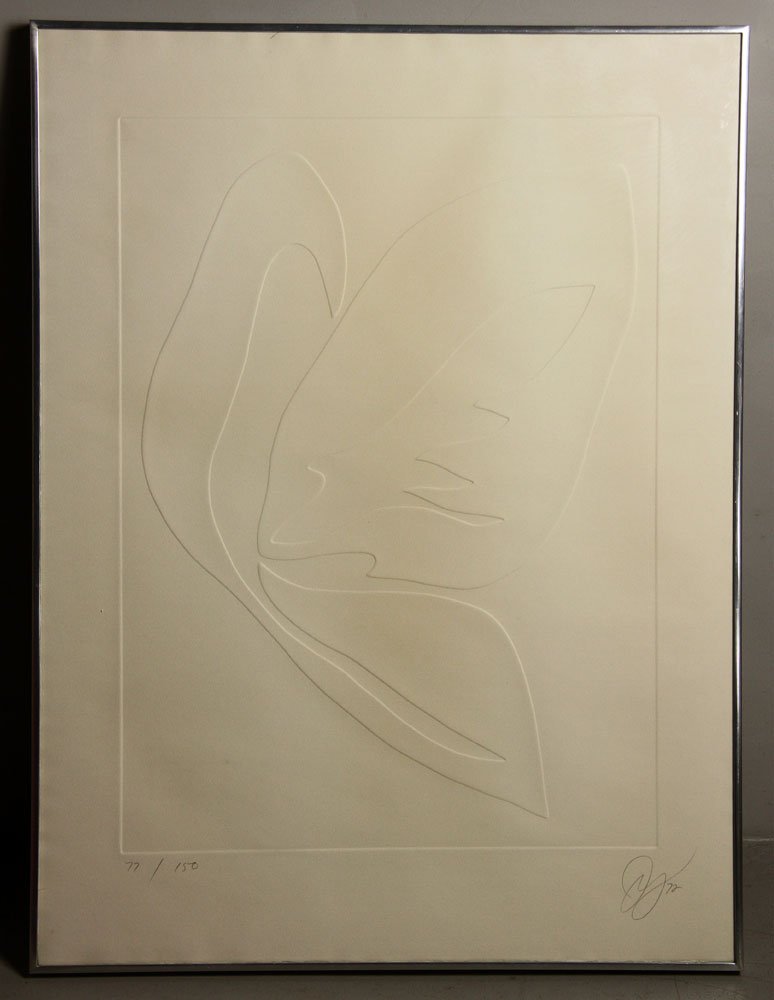 Youngerman, "White Portfolio 1972," Inkless Intaglio: Jack Youngerman, "White Portfolio 1972," inkless intaglio print, editioned 77/100, with Pace Gallery label verso, 36" h x 27" w. Provenance: From a Palm Beach, FL estate.