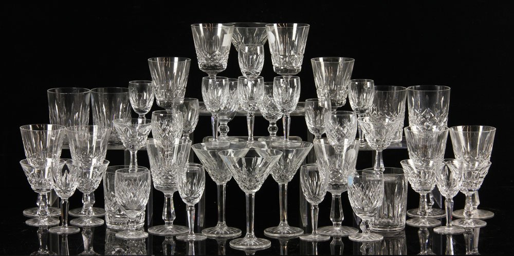Lot of Waterford Stemware: Lot of Waterford stemware and glasses, to include martini, wine, cordial, etc, 44 pieces total, signed, ranging from 4 1/2" h to 6 3/4" h. Provenance: From a Massachusetts estate.