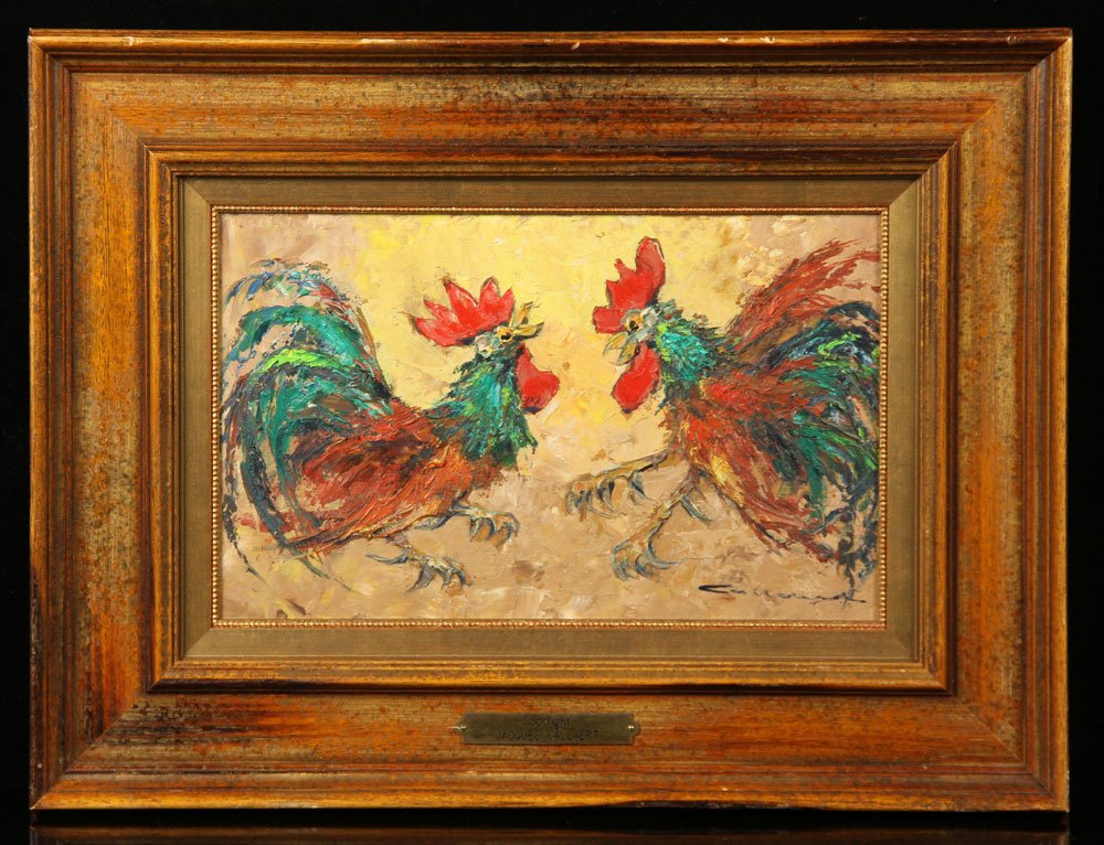 Callaert, "Cockfight," Oil on Board: Jacques Callaert (Belgian, 1921-1996), "Cockfight," oil on board, 7" h x 11" w. Provenance: From a Florida estate.