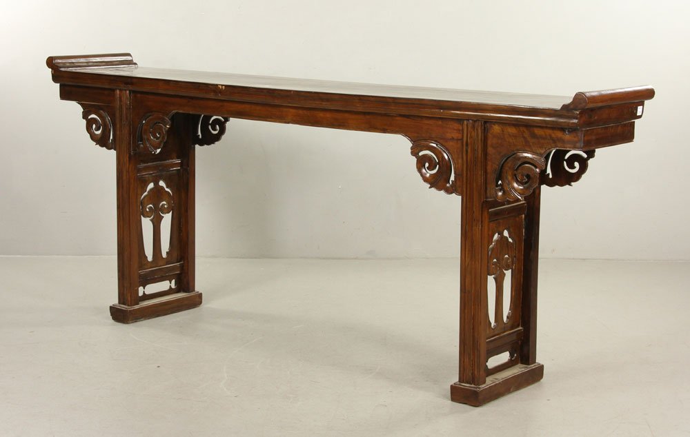 Chinese Carved Altar Table: Chinese carved altar table, 37 3/4" h x 89" w. Provenance: From the estate of interior designer Thomas Britt.