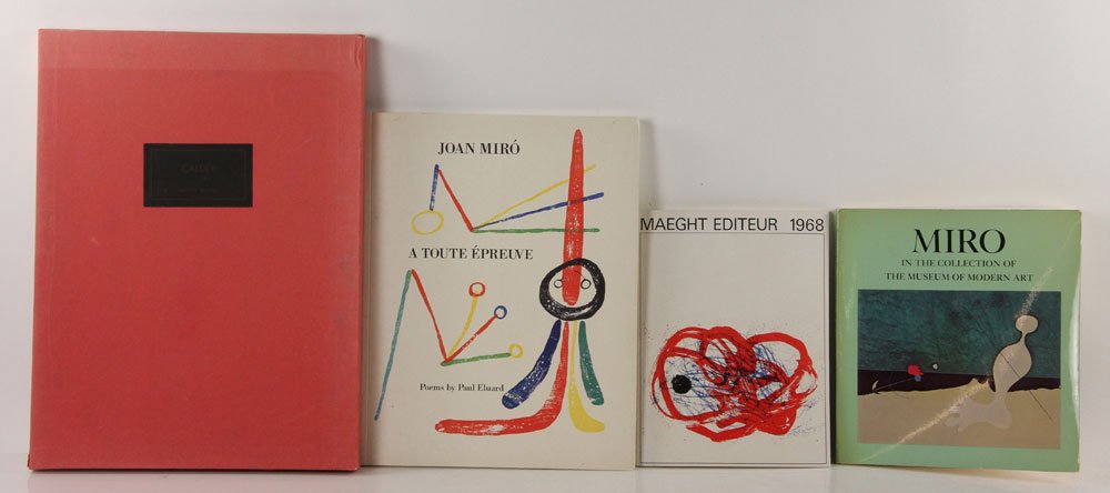 4 Books on Calder and Miro: Lot of four art books, to include: "Derriere Le Miroir," Maeght, dated 22 Jan 1973, signed "Calder" in pencil, with six colored lithographs, editioned 46 of 150, 15 1/2" h x 11 1/2" w; "Lithographies 