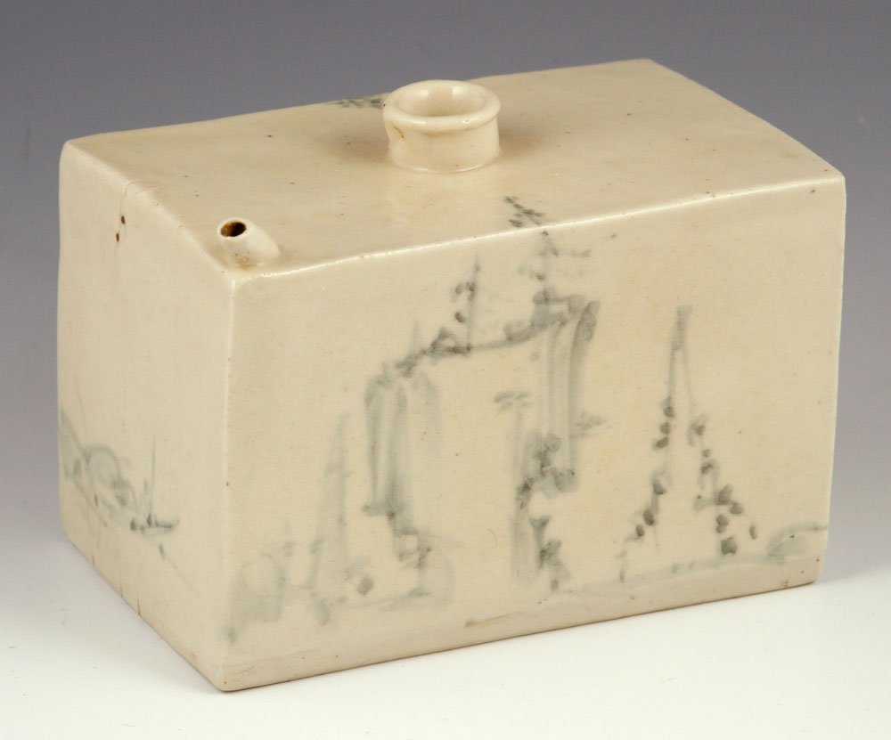 19th C. Korean Water Bottle: 19th century Korean water bottle, brick form, 3 1/2" h x 5 1/4" w x 3 1/4" d. Provenance: From a Florida collection.