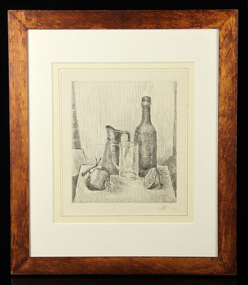 Morandi, Still Life, Etching: Giorgio Morandi, still life, etching, with Studio Grafico G. Vasori, Firenze label verso, 9 1/2" h x 8 1/2" w (view), 21" h x 18" w (frame). Provenance: From a Palm Beach, FL estate.
