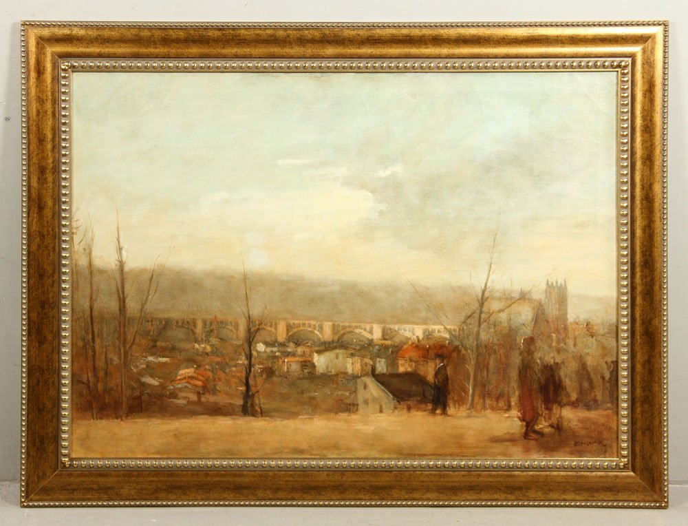 Remenick, "Manayunk Winter," Oil on Canvas: Seymour Remenick (American, 1923-1999), "Manayunk Winter," oil on canvas, signed lower right, with Pennsylvania Academy of the Fine Arts exhibition label verso dated 1968, 30" h x 42" w (view), 37" h 