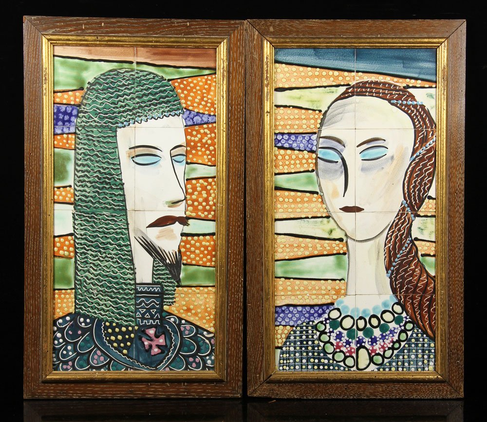 Two Harris Strong Tiles: Lot of two Harris Strong framed tiles, one portrait of man and one of woman, 24" h x 12" w. Provenance: From a Florida estate.