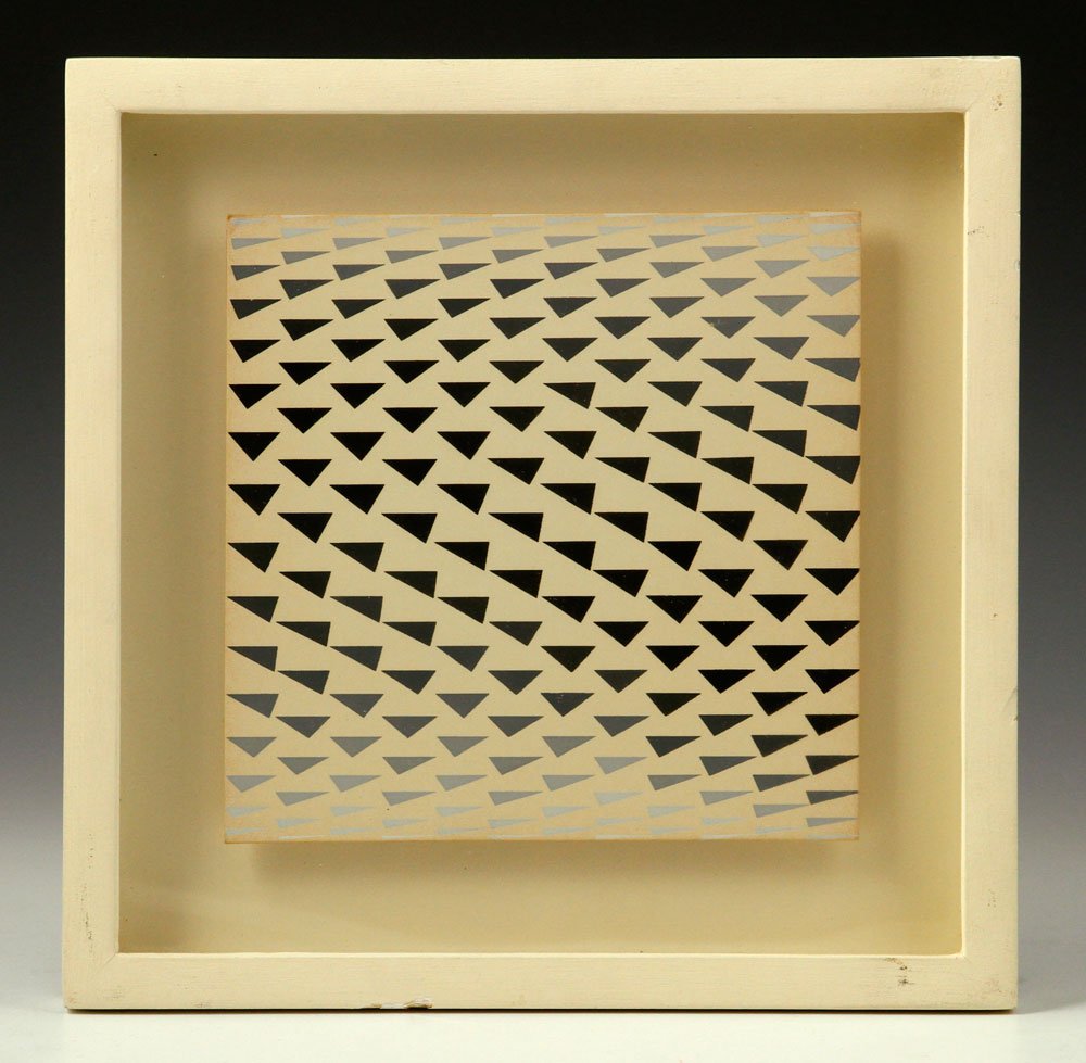 After Riley, "Turn," Emulsion on Board: In the style of Bridget Riley, "Turn," emulsion on board, 6" sq (view), 9" sq (frame). Provenance: from the Santa Barbara, California and Madison, Connecticut estates of Emily Hall Tremaine, by descen