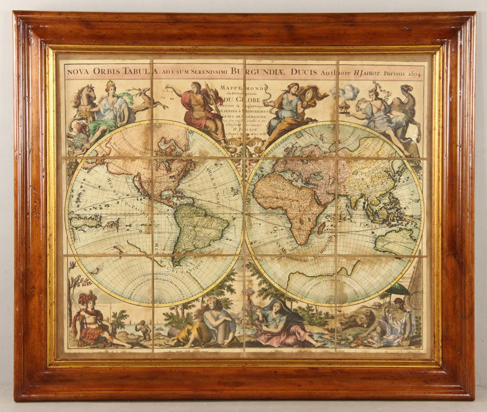 Hand Colored World Map: Hand colored world map, H. Jaillot Paris style, in solid maple frame with gold leaf trim, 38" h x 46 1/2" w (view), 48 1/4" h x 57 1/2" w (frame). Provenance: From a New York collection.