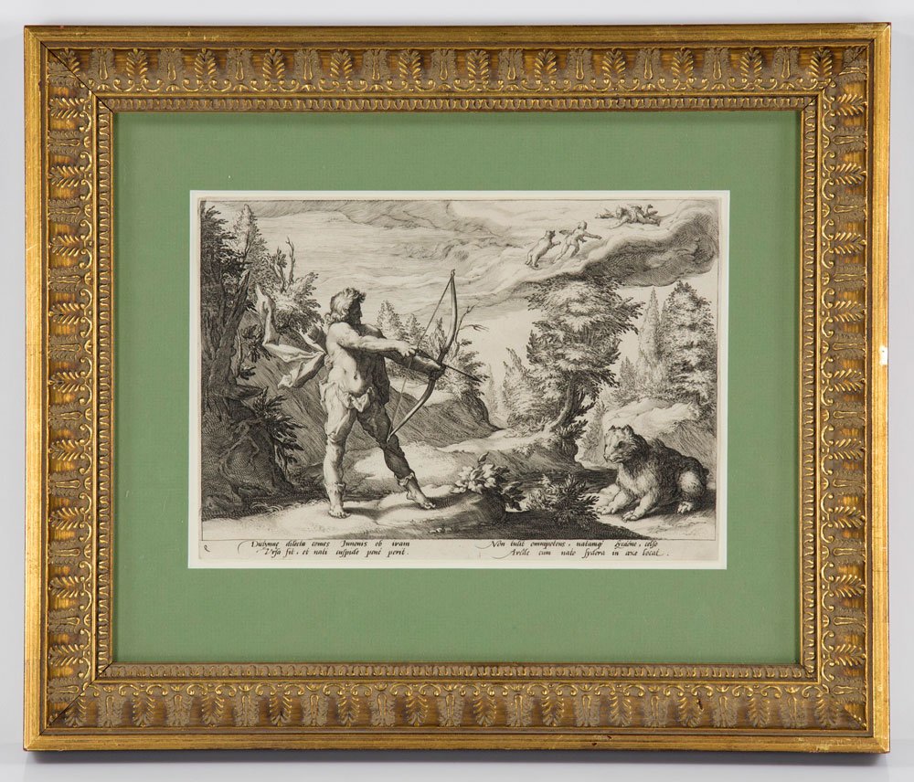 De Baudous, Hercules and the Lion, Engraving: Robert de Baudous after Hendrik Goltzius, Hercules and the lion, engraving, circa 1700s, 7" h x 10" w (view), 13" h x 16" w (frame). Provenance: From a California estate.