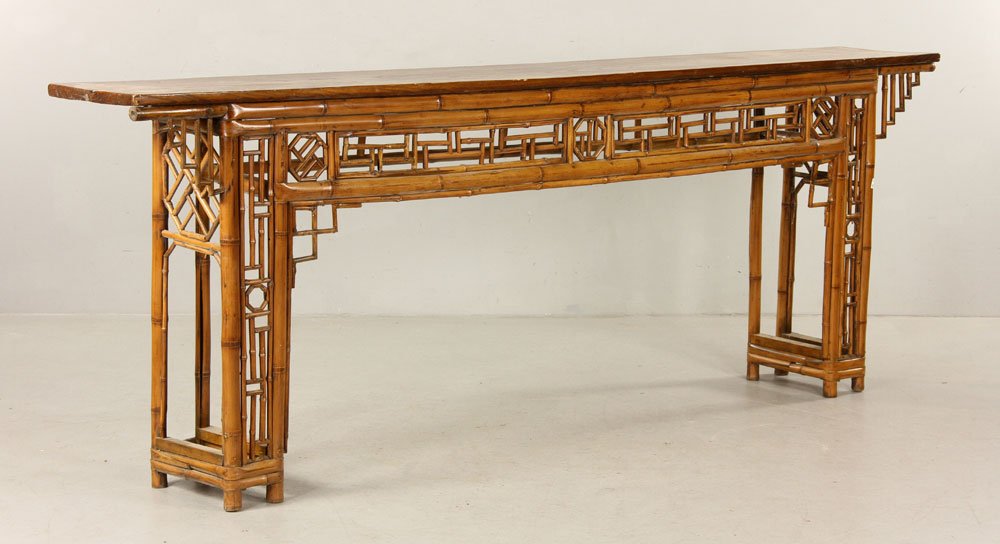 Chinese Bamboo Altar Table: Chinese altar table, bamboo, 34 1/2" h x 7' 10 1/2" w x 13 1/2" d. Provenance: from the estate of interior designer Thomas Britt.