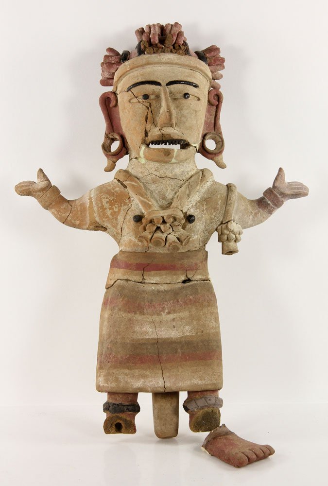 Mayan-Style Terra Cotta Figure: Mayan-style figure, polychrome terra cotta, with restoration, 23" h.