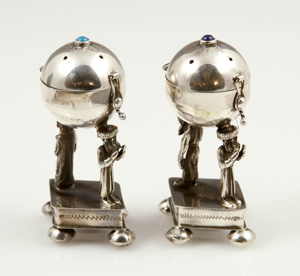 Pr. Russian Silver Scent Boxes: Pair of Russian scent boxes, silver, Hallmark 84 (.875 silver), on figural posts, with elder paste, 3" h. Provenance: From a Connecticut estate.