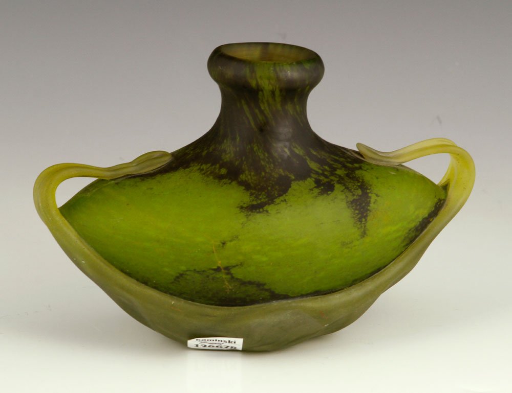Daum Nancy Vase: Daum Nancy vase, in shape of oil lamp, signed, 5 3/4" h x 8 1/2" w. Provenance: From a Massachusetts estate.