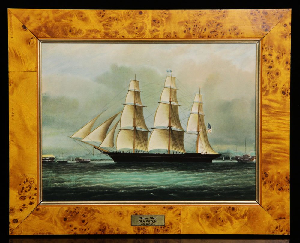 Wedgwood "Sea Witch" Porcelain Plaque: Wedgwood plaque, depicting the clipper ship "Sea Witch," porcelain, reproduced from an original painting with the permission of the Peabody Essex Museum of Salem, MA, in bird's eye maple frame, info r