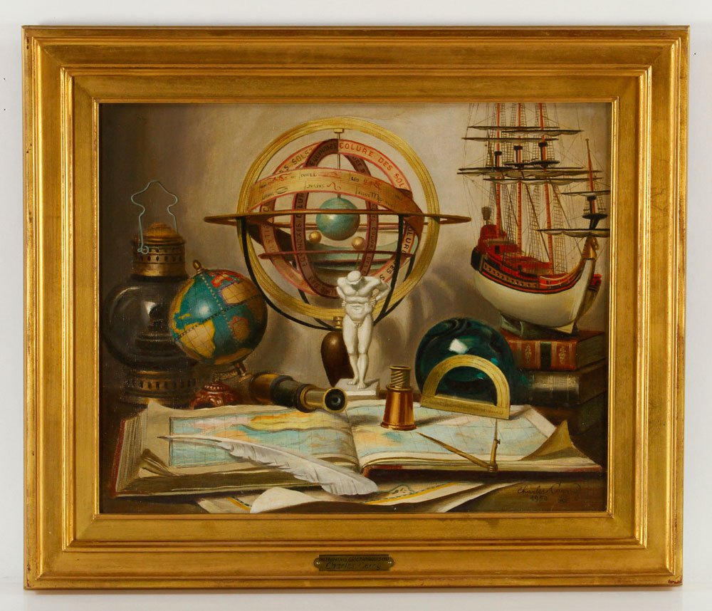 Cerny, "Instruments Geographiques 1950," Oil on Canvas: Charles Cerny (Franco-American, 1892-1965), "Instruments Geographiques 1950," oil on canvas, depicting a cartographer's tools including map, compass and globe, signed and dated lower right, title plaq