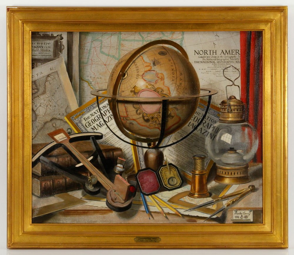 Cerny, "Geographie 1952," Oil on Canvas: Charles Cerny (Franco-American, 1892-1965), "Geographie 1952," oil on canvas, depicting a cartographer's tools including compass, map and globe, title plaque on frame, 17 1/2" h x 21" w (view), 22" h 
