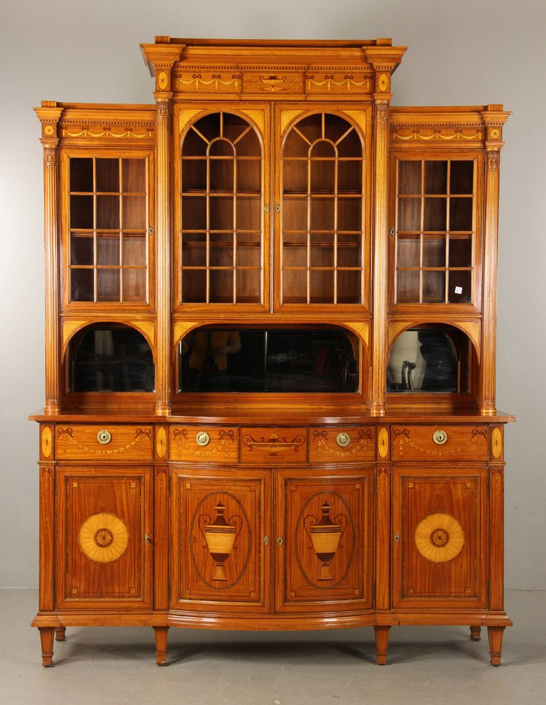 Krieger Edwardian Breakfront Cabinet: Krieger of Paris Edwardian breakfront cabinet, inlaid satinwood, circa 1920, 100" h x 74" w x 21 1/2" d. Provenance: from a New York collection