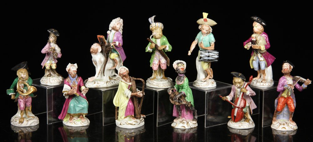 Eleven Piece Meissen Monkey Band: Eleven piece Meissen monkey band, porcelain, having crossed sword mark, 5 1/2" h (tallest). Provenance: from a New York collection