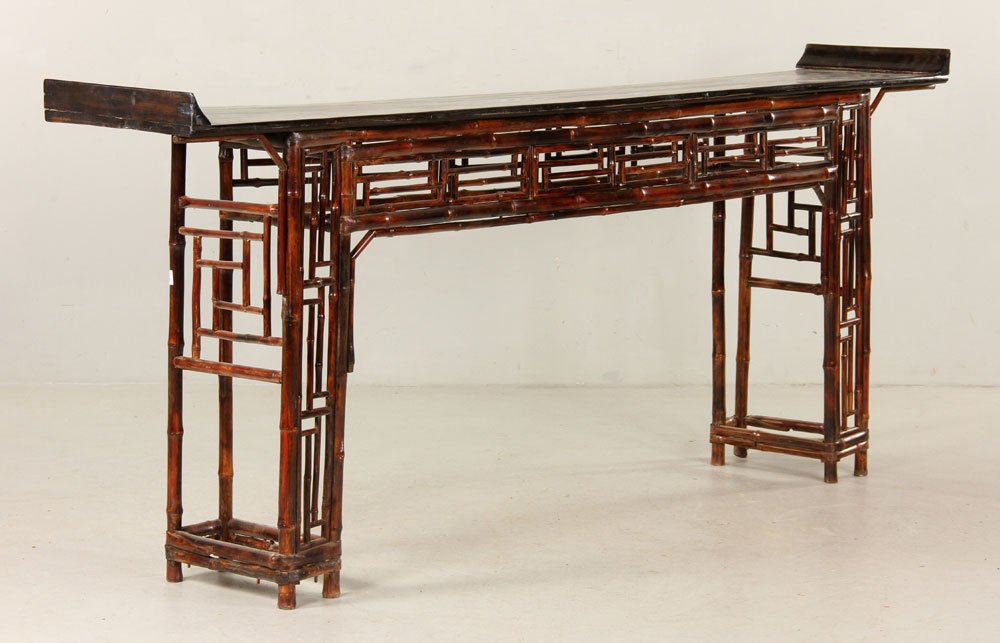 Bamboo Altar Table: Chinese altar table, bamboo, 33 1/2" h x 86 1/4" w x 14 1/2" d. Provenance: from the estate of interior designer Thomas Britt.