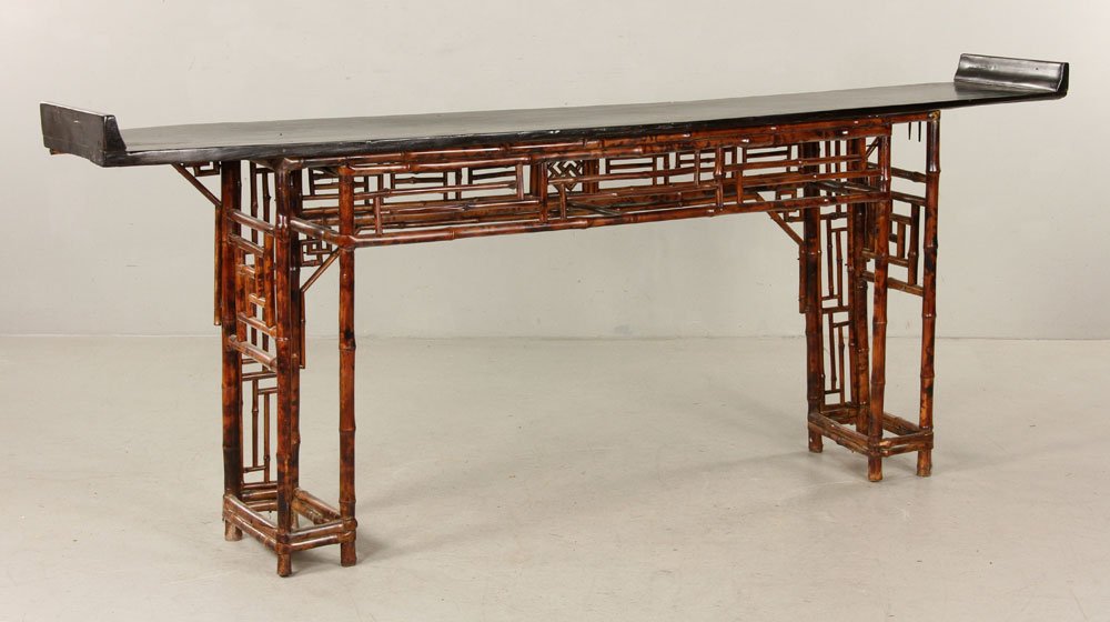 Bamboo Altar Table: Chinese altar table, bamboo, 35" h x 87 1/4" w x 13 1/4" d. Provenance: from the estate of interior designer Thomas Britt.