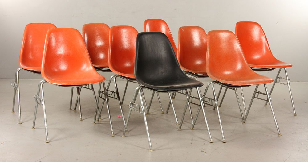 Nine Eames for Miller Chairs: Set of nine Eames for Howard Miller stacking chairs. Provenance: from a Massachusetts estate.