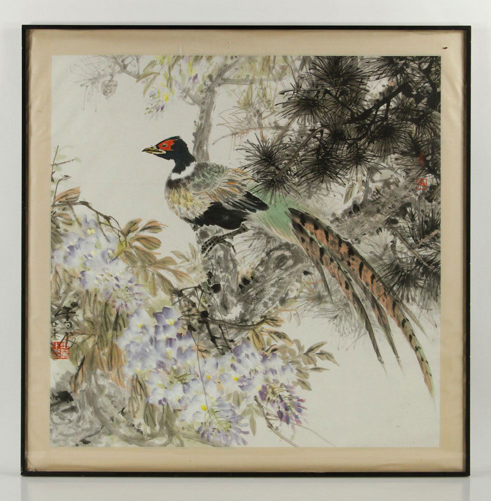 Chinese Pheasant, Watercolor: Chinese painting, depicting pheasant among the tree boughs, watercolor, signed in Chinese lower left, having custom black metal frame, 26" square (view), 30 1/2" square (frame). Provenance: from a Flo