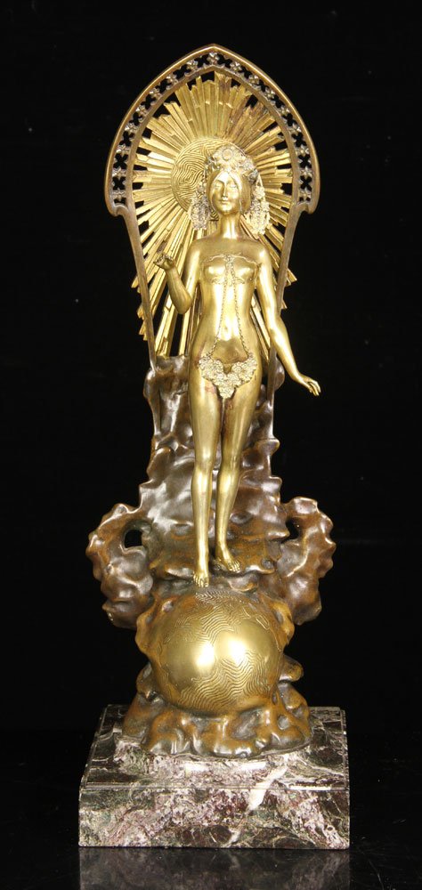 Chalon, "Conquerir le Monde," Bronze: Louis Chalon (French, 1866-1916), "Conquerir le Monde," bronze with gilt and patination on black marble plinth, signed, 17" h (sculpture), 19" h (overall). Provenance: from a Puerto Rico estate.