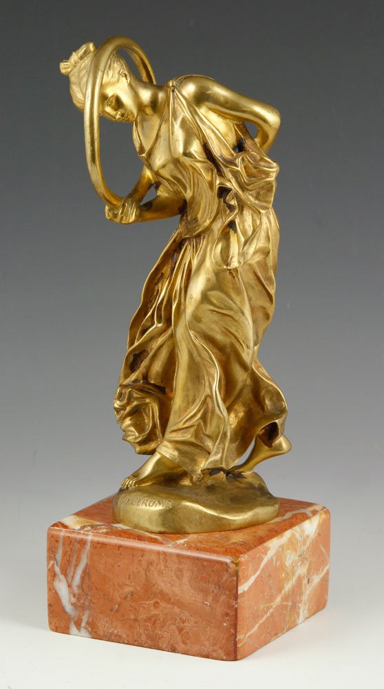 Gerome, "La Joueuse de Cerceau," Bronze: Jean-Leon Gerome (French, 1824-1904), "La Joueuse de Cerceau," gilt bronze on pink marble plinth, signed J. L. Gerome, Siot-Decauville Paris Foundry, 9" h (sculpture), 10" h (overall). Provenance: fro