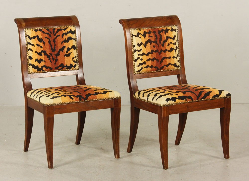 Pr. Biedermeier-Style Chairs: Pair of late 19th century Biedermeier-style chairs, with tiger stripe needlepoint upholstered seats, 35" h x 21" w x 21" d. Provenance: from a Florida estate.