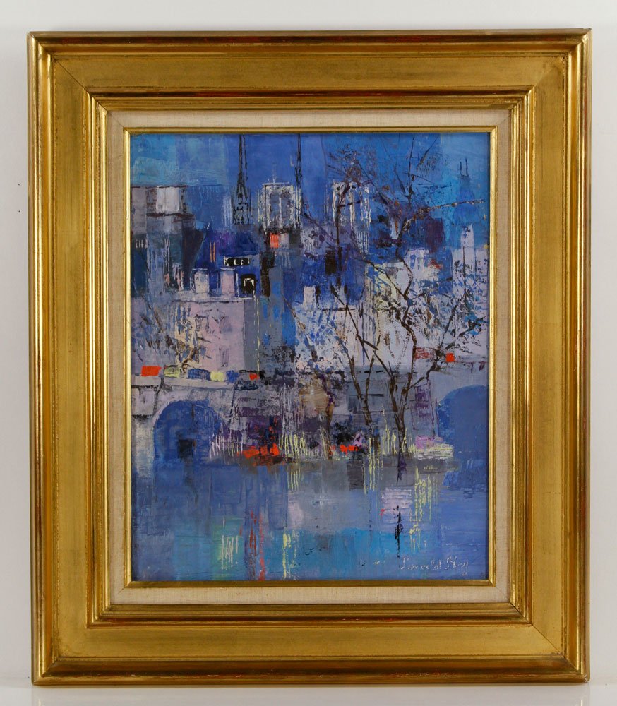 Ney, "Ile de la Cite," Oil on Canvas: Lancelot Ney (Hungarian, 1900-1965), "Ile de la Cite," oil on canvas, signed lower right, dated 1964 verso, 16" h x 13" w (view), 22" h x 19" w (frame). To include original bill of sale from Madson Ga