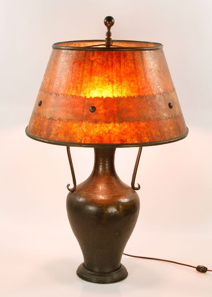 Arts and Crafts Copper Lamp: Arts and Crafts lamp, hammered copper with brass and mica shade, 30" h, 19" dia (shade). Provenance: from a Massachusetts estate.