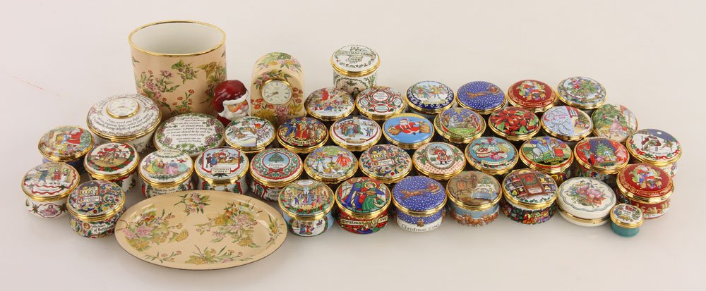 Lot of Halcyon Days Decorative Items: Lot of Halcyon Days miniature boxes and other decorative items, porcelain and enamel, to include: one miniature vase, one miniature plate, one miniature clock, forty miniature decorative boxes, all in