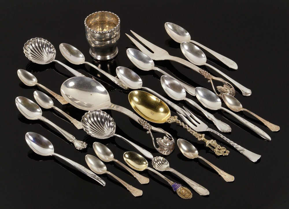 Assorted Sterling and Coin Silver Lot: Lot of silver flatware from various makers, to include toasting cup with presentation inscription, made by K. Anderson; other makers include Frank M. Whiting, Gorham, and Kirk & Sons, approximately 24