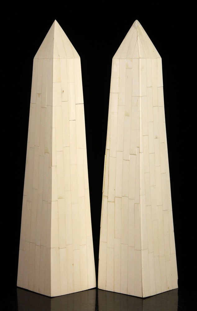 Pr. Mid-Century Modern Obelisks: Pair of Mid-century modern obelisks, bone, 24" h x 5" w x 5" d. Provenance: from a Florida estate.