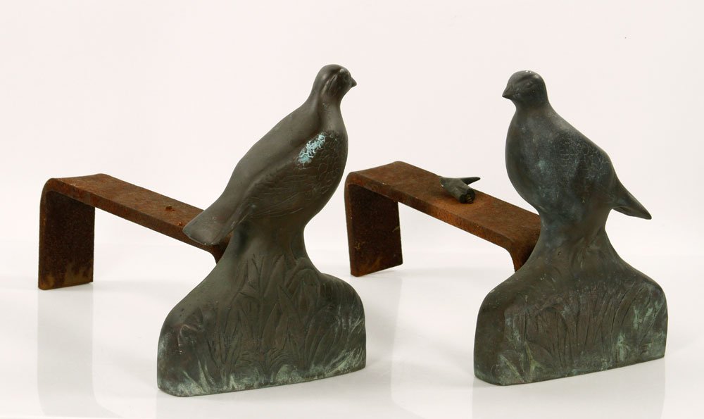 Pair of Modern Andirons: Pair of mid-century modern andirons, bronze with iron shanks, in the form of a bird. Provenance: from a Massachusetts estate.