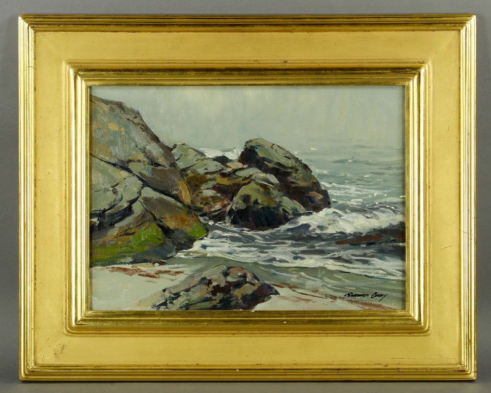 Corey, "Sea Smoke," Oil on Board: Bernard Corey (American, 1914-2000), "Sea Smoke," oil on board, signed lower right, labels from estate of the artist verso, in Paul Goodnow frame, 9" h x 13 1/2" w (view), 13 1/2" h x 19 1/2" w (frame