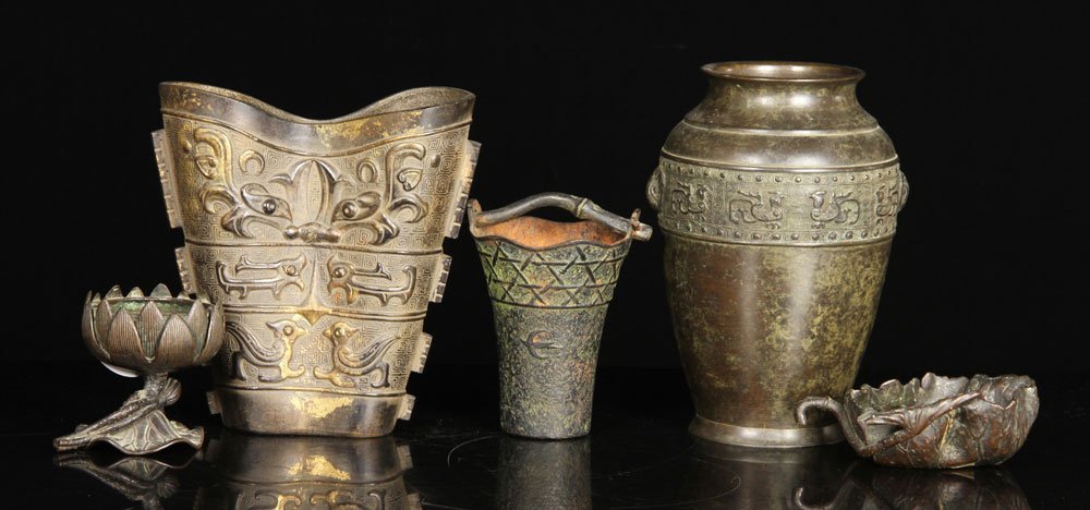 5 Japanese Bronze Pots and Incense Burners: Lot of five Japanese pots and incense burners, bronze, largest 7 1/2" h. Provenance: From the estate of Arthur R. Errion, M.D., of Salem, Massachusetts.
