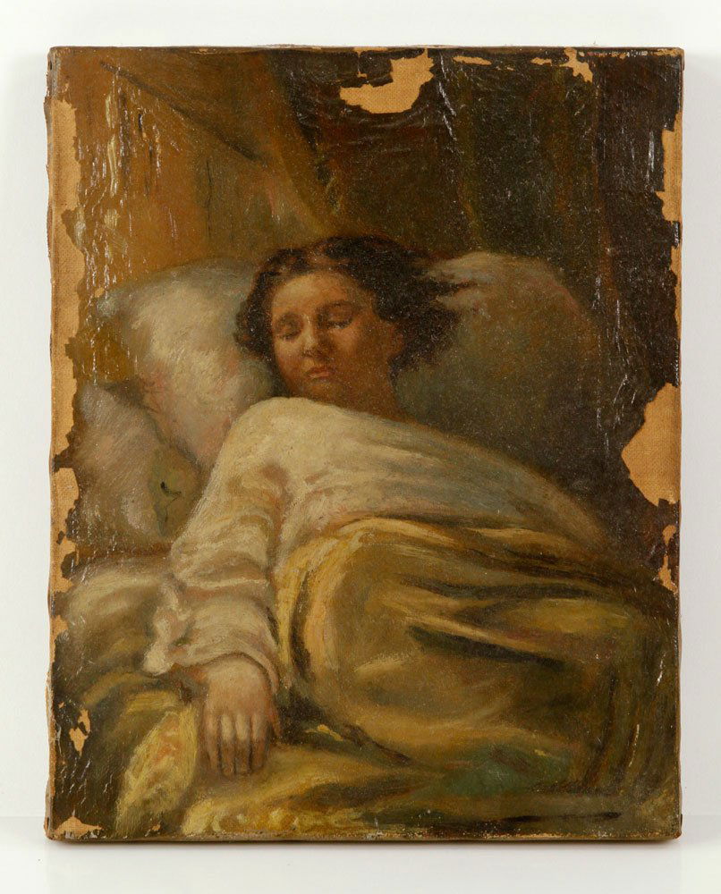 19th C. Portrait of a Young Girl Sleeping, Oil on: 19th century portrait of a young girl sleeping, oil on canvas, 10" h x 8" w. Provenance: From the estate of the late Harry Reed Everson, an avid collector from Marblehead, Massachusetts.
