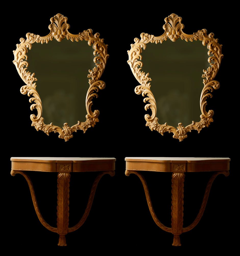 Two Hall Tables and Mirrors: Lot of two wall mounted hall tables and coordinating mirrors, table 25" h x 30" w x 13 1/4" d. Provenance: From the estate of the late Raymond Bolduc of Fort Lauderdale, Florida and Ogunquit, Maine.