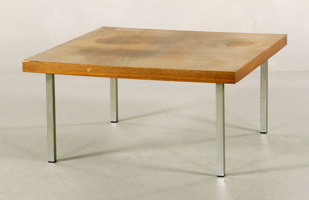 Baughman for Coggin Occasional Table: Milo Baughman for Thayer Coggin occasional table, teak veneer top on chrome base, 16" h x 32" sq. Provenance: From a Massachusetts estate.