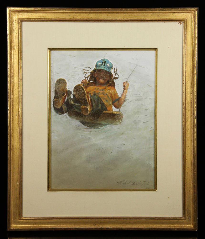 Taylor, Child on a Swing, Watercolor: Michael Charles Taylor (American, b. 1946), child on a swing, watercolor on paper, signed and dated '75 lower right, in custom gold leaf frame, 15" h x 11" w (view), 24" h x 20" w (frame). Provenance: