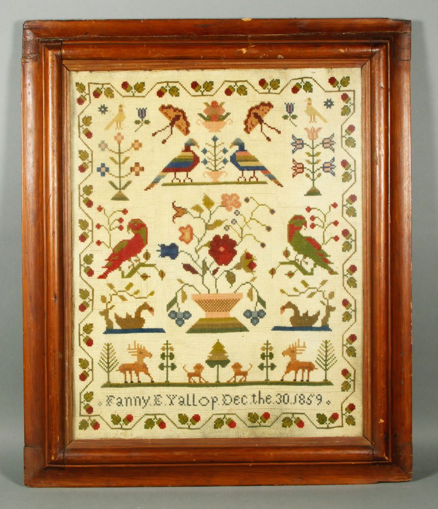 1859 Needlepoint Sampler: Needlepoint sampler, signed Fanny E. Yallup, December 30th, 1859, maple leaf and acorn design with butterflies, birds, deer, and floral bouquets, 22" h x 18" w . Provenance: From a Rockport, MA estate