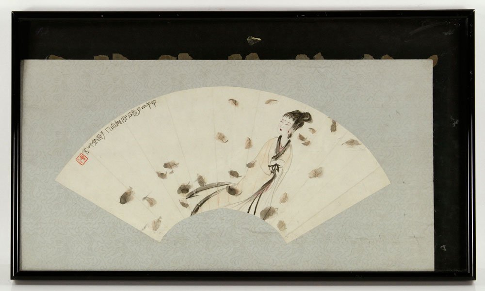 Fu Baoshi, Chinese Fan Painting: Chinese fan painting, ink and watercolor on paper, signed Fu Baoshi, framed under glass, 7 1/2" h x 20" w (fan), 16" h x 28" w (frame)
