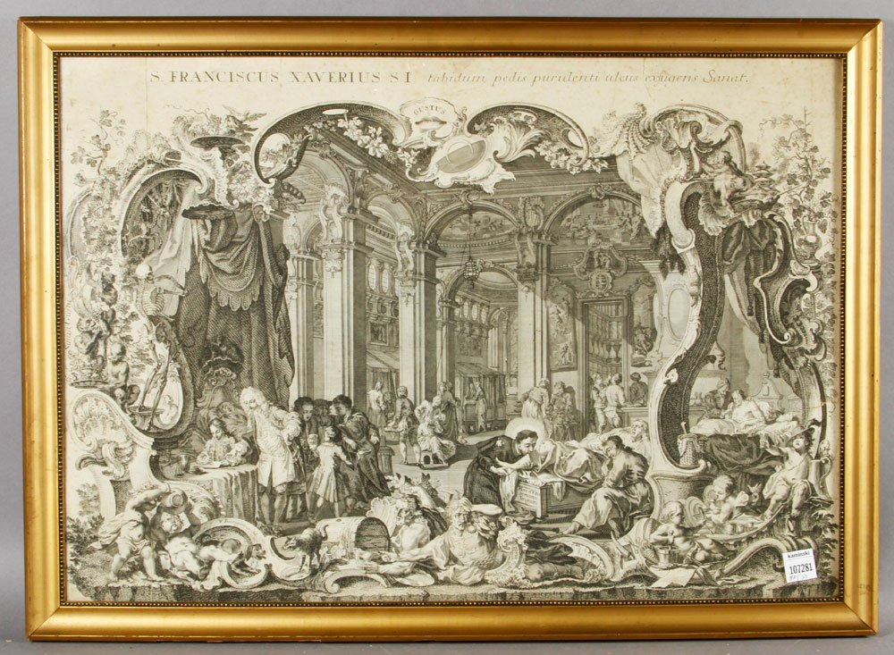 Italian Steel Engraving, St. Francis Xavier: 17th/18th century Italian steel engraving, inscribed at top "S. Franciscus Xavierus S. I. tabidum pedis purulenti ulcus exugens Sanat," depicting St. Francis Xavier kissing the ulcer of a patient in a