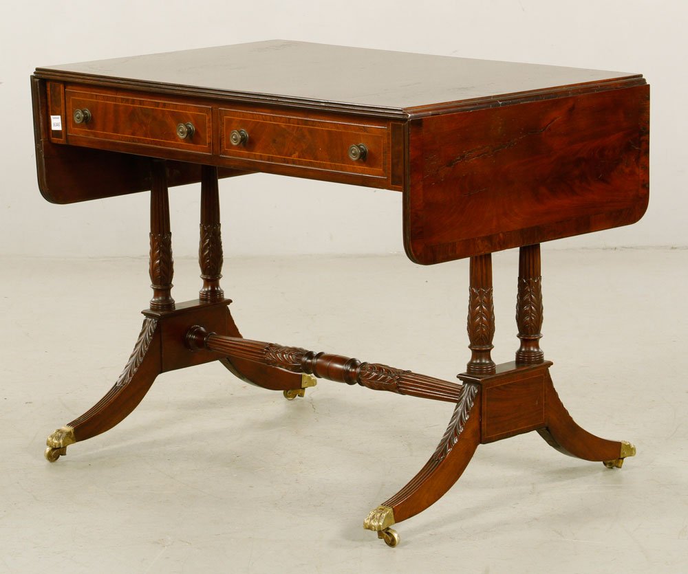 American Federal Sofa Table: American Federal drop leaf sofa table, mahogany and banded rosewood, circa 1820, 28" h x 37" w x 24" d